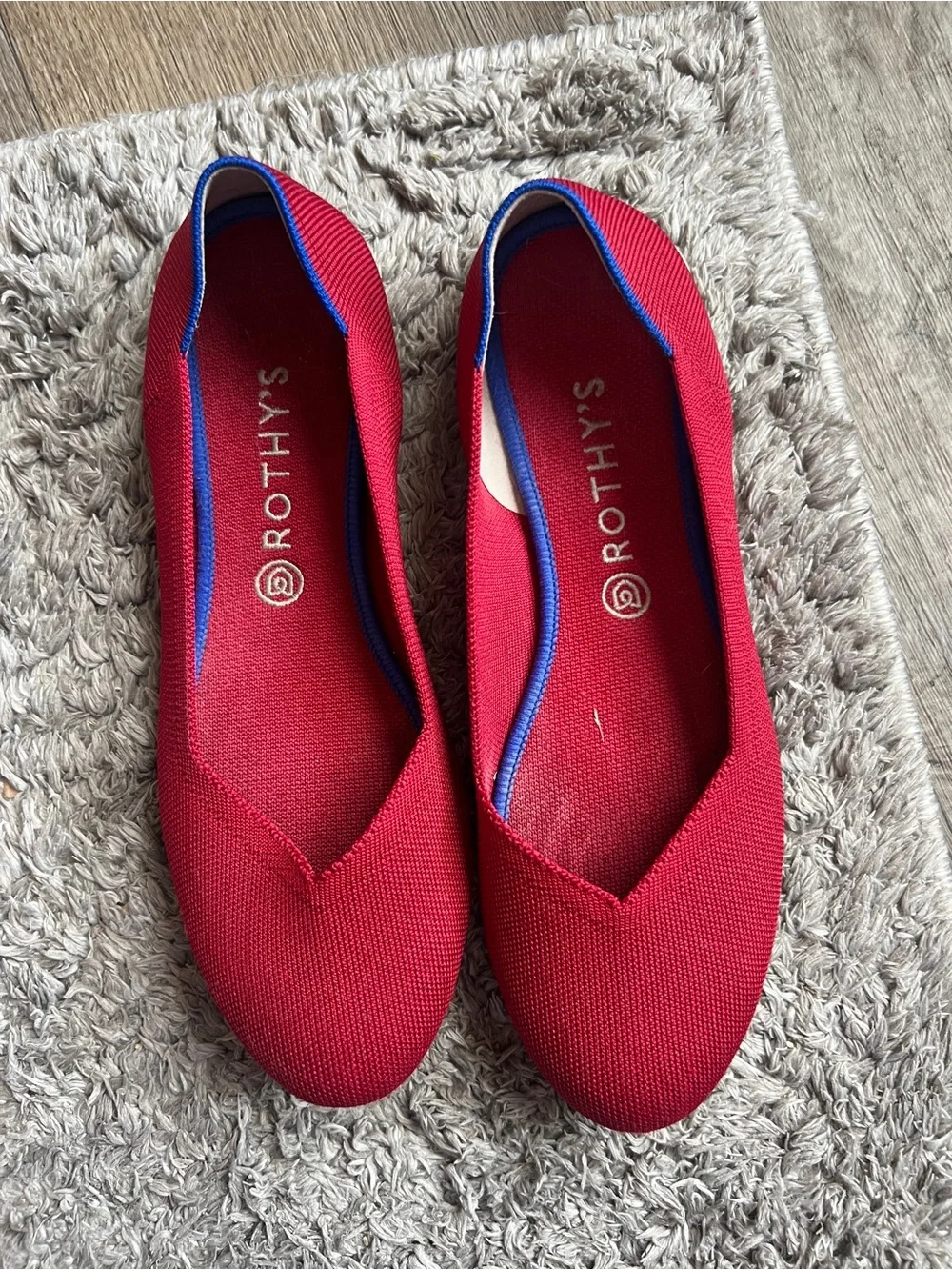 Rothy's Red Knit Pointed Ballet Flats with Blue Trim